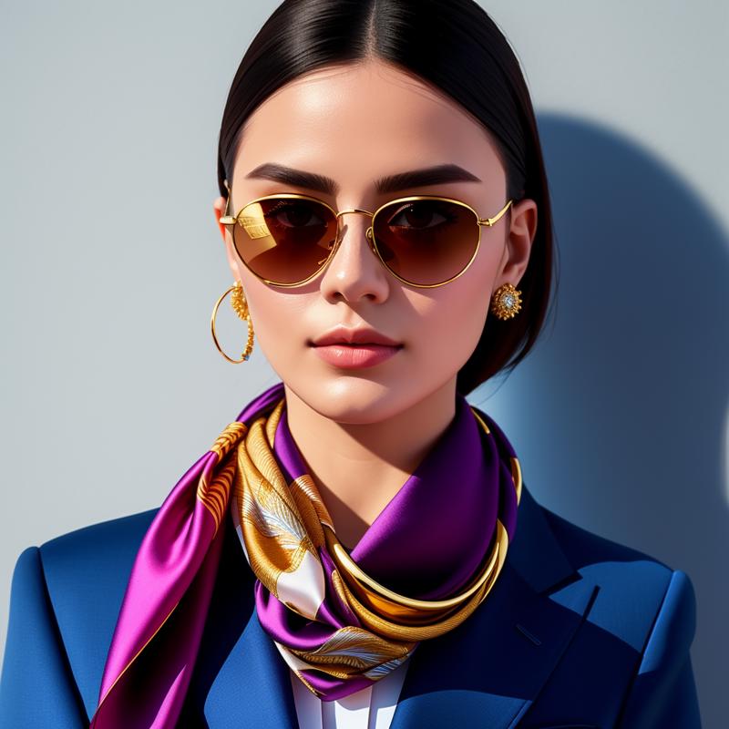 03591-1734751597-Masterpiece, High quality,  , silk scarf, woman wearing a silk scarf, with a golden ring, sunglasses, wearing a blue women's sui.png